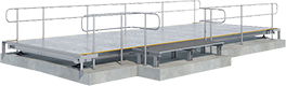 A compact, black and white illustration of a 10 metre Gendio weighbridge showing a side view, emphasizing its structure and load-bearing capability.