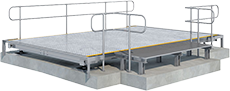 A compact, black and white illustration of a 5 metre Gendio weighbridge showing a side view, emphasizing its structure and load-bearing capability.